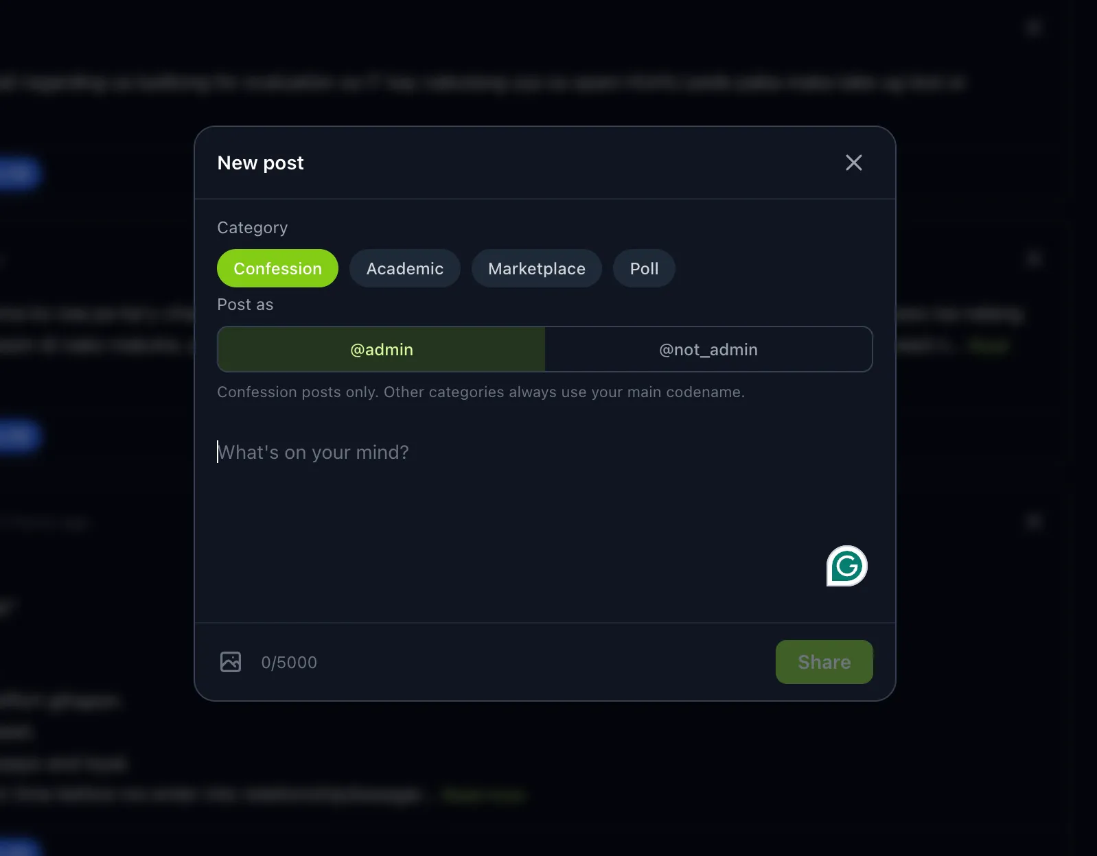 New post modal with Confession, Academic, Marketplace, and Poll categories
