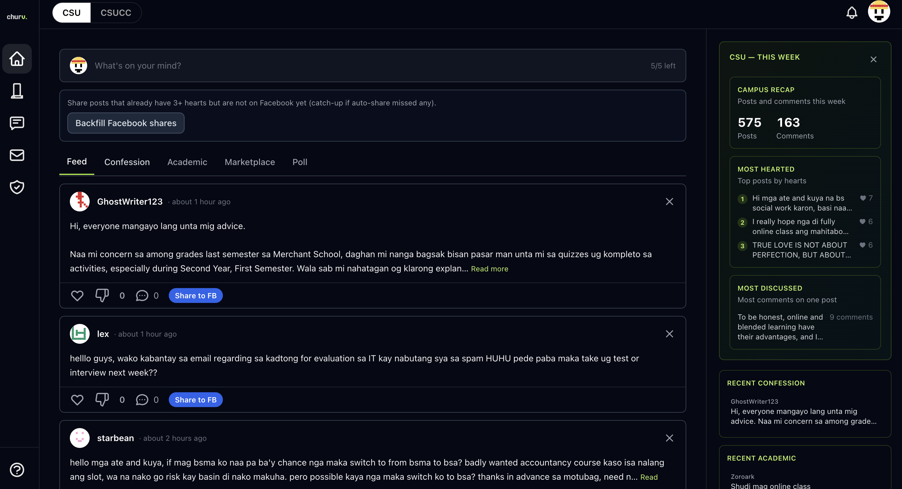 Churv dashboard with campus feed, sidebar, and post category tabs