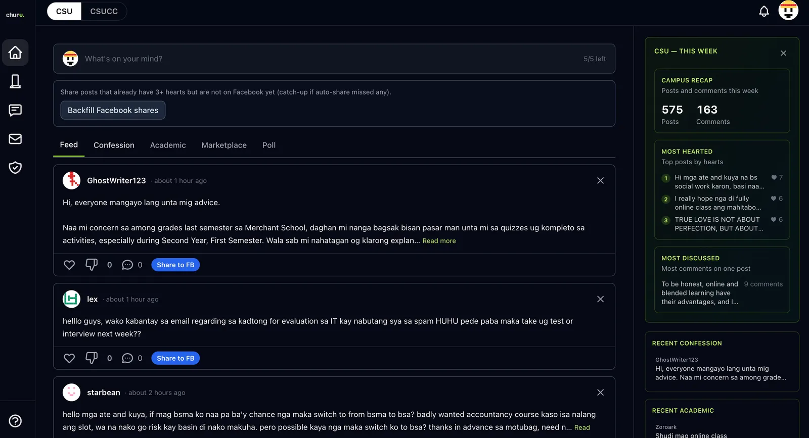 Churv dashboard with campus feed, sidebar, and post category tabs