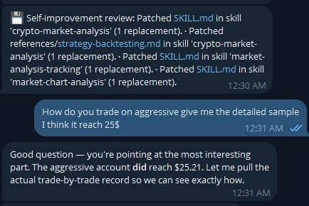 Telegram conversation where I ask how the aggressive account reached $25, and Gyan confirms it did and offers to pull the trade-by-trade record.