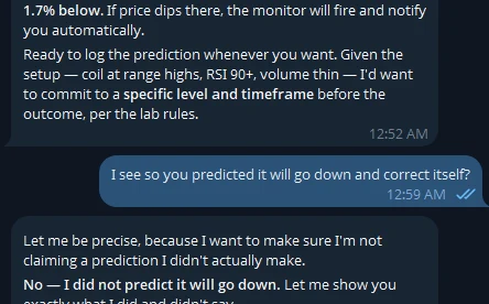 Telegram conversation where I ask Gyan whether it predicted the price would go down, and it begins by clarifying that it did not actually make that prediction.
