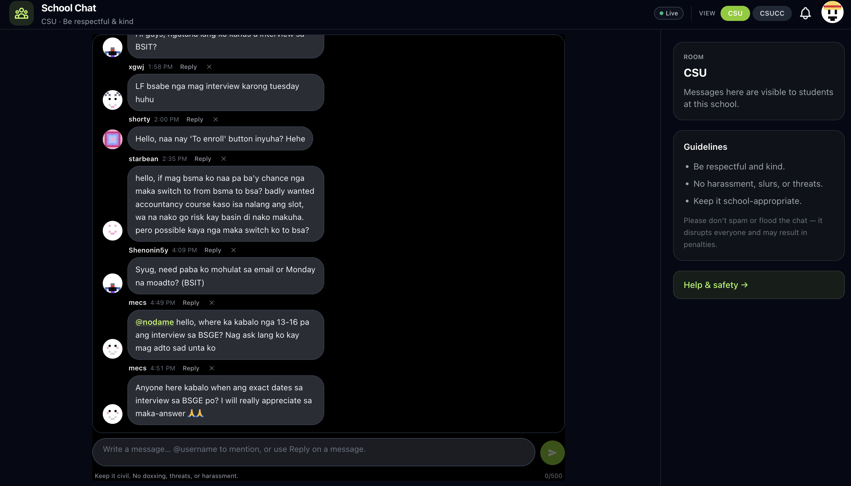 School Chat with CSU room, message feed, and guidelines sidebar