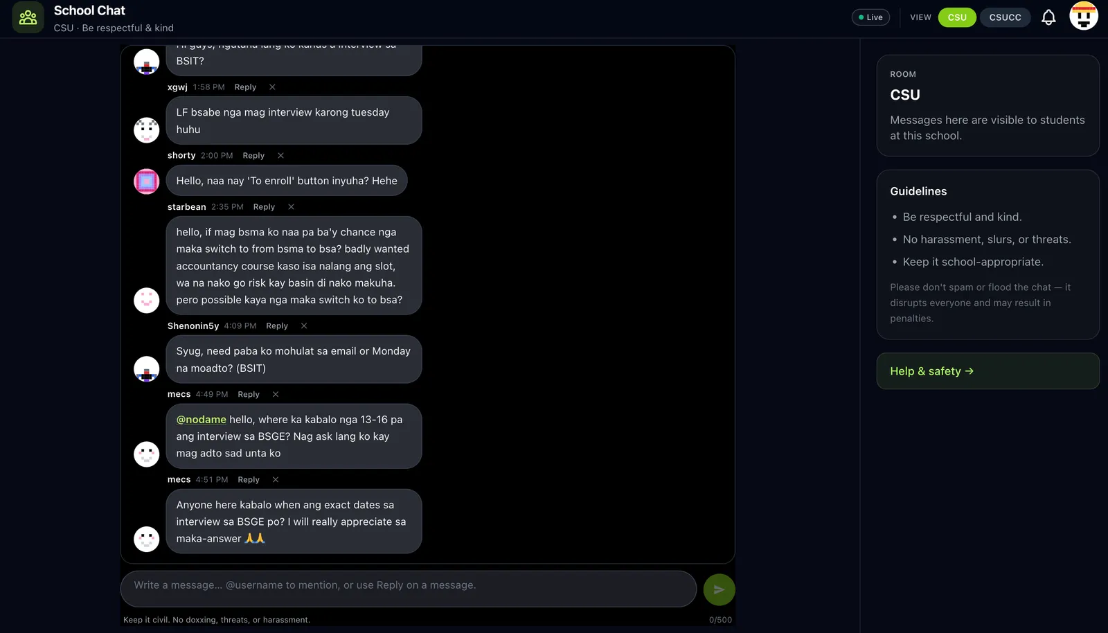 School Chat with CSU room, message feed, and guidelines sidebar